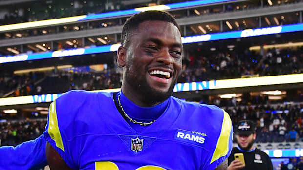 Rams receiver Van Jefferson celebrates a victory.